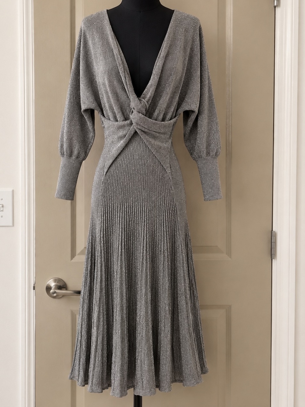 Metallic Gray Twist-Front Midi Dress